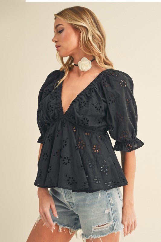 Aemi + Co Eyelet Embroidered V - Neck Half Sleeve Peplum Blouse - S. M. & Co.