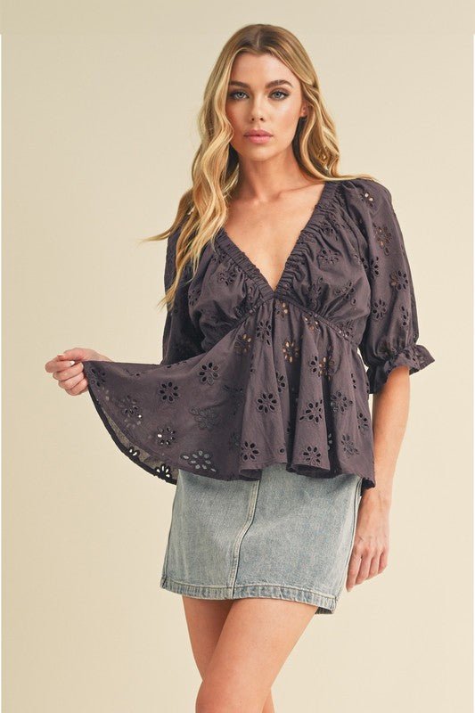 Aemi + Co Eyelet Embroidered V - Neck Half Sleeve Peplum Blouse - S. M. & Co.