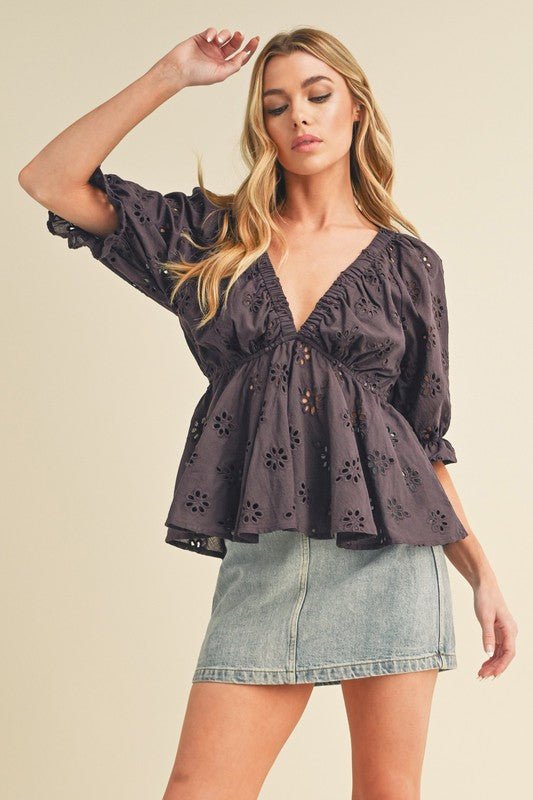 Aemi + Co Eyelet Embroidered V - Neck Half Sleeve Peplum Blouse - S. M. & Co.