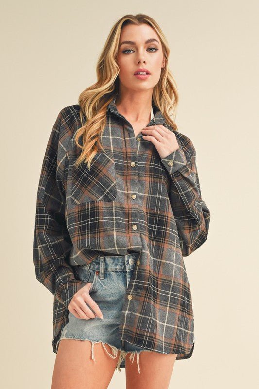 Aemi + Co Flannel Plaid Button Up Raglan Sleeve Shirt - S. M. & Co.