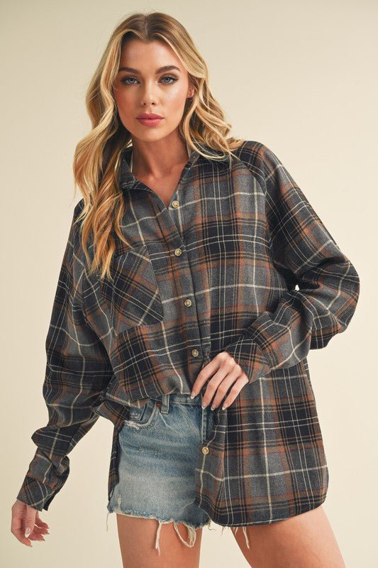 Aemi + Co Flannel Plaid Button Up Raglan Sleeve Shirt - S. M. & Co.