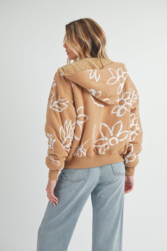 Aemi + Co Flower Print Zip Up Sherpa Hoodie - S. M. & Co.