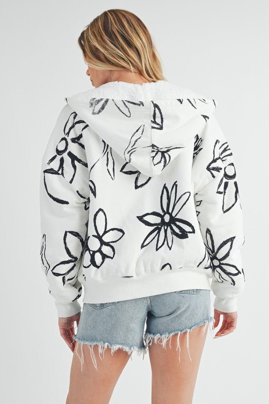 Aemi + Co Flower Print Zip Up Sherpa Hoodie - S. M. & Co.