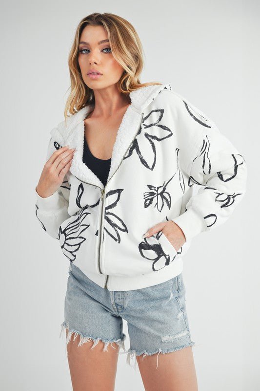 Aemi + Co Flower Print Zip Up Sherpa Hoodie - S. M. & Co.