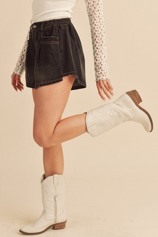 Aemi + Co Frayed Hem Elastic Waist Denim Shorts - S. M. & Co.