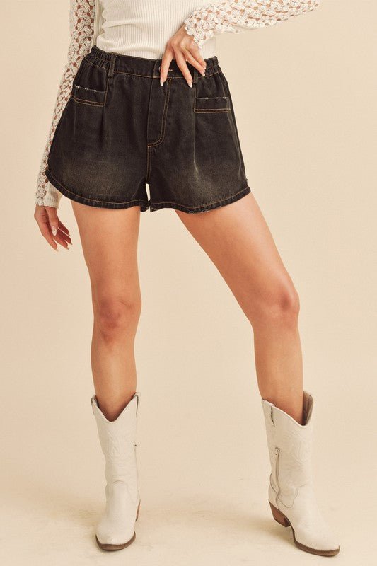 Aemi + Co Frayed Hem Elastic Waist Denim Shorts - S. M. & Co.