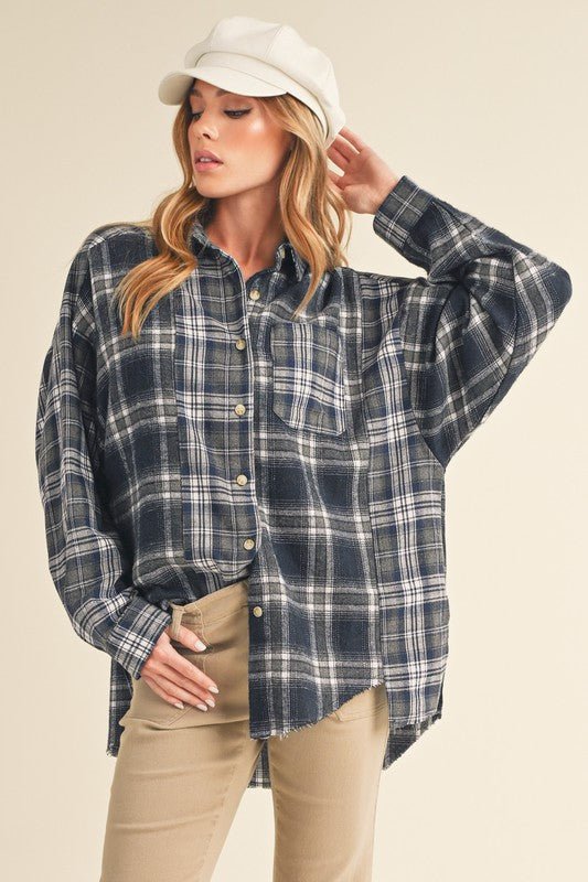 Aemi + Co Frayed Hem Plaid Button Up Flannel Shirt - S. M. & Co.