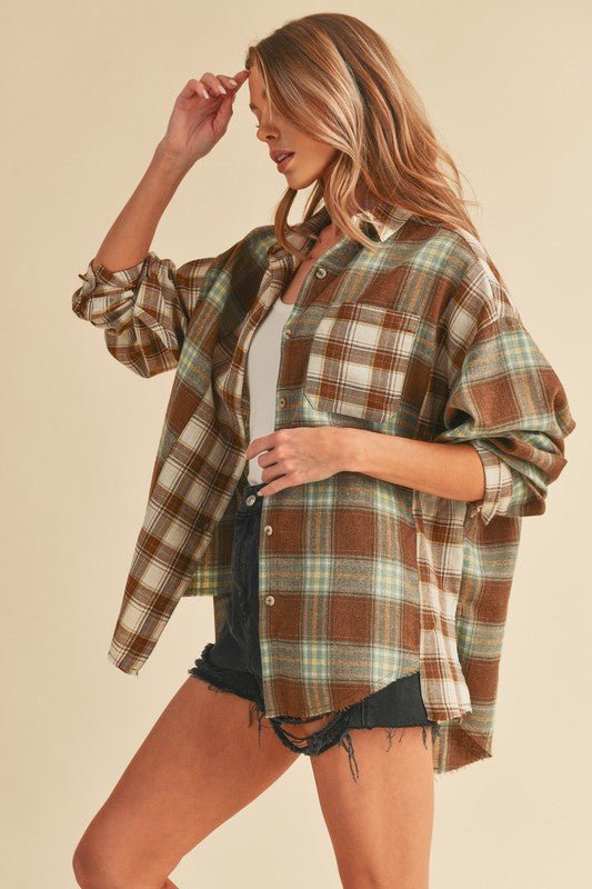 Aemi + Co Frayed Hem Plaid Button Up Flannel Shirt - S. M. & Co.