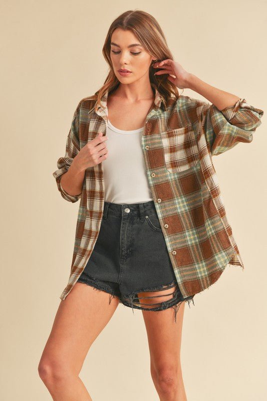 Aemi + Co Frayed Hem Plaid Button Up Flannel Shirt - S. M. & Co.