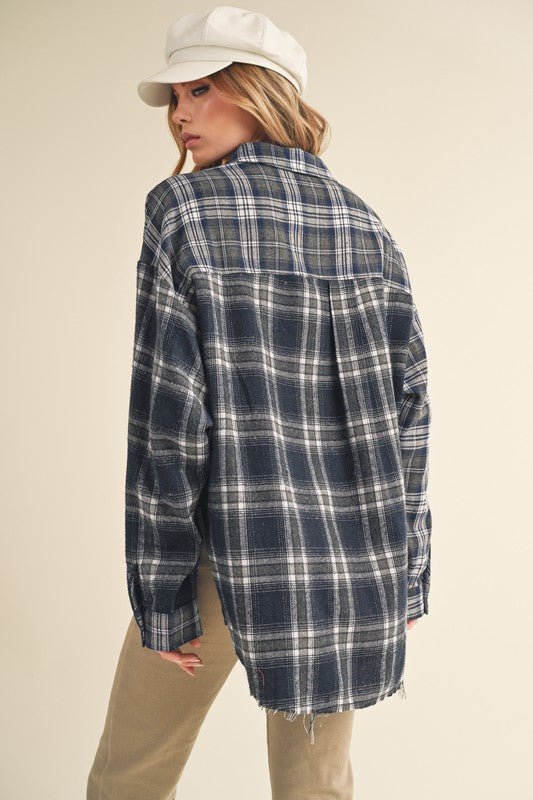 Aemi + Co Frayed Hem Plaid Button Up Flannel Shirt - S. M. & Co.