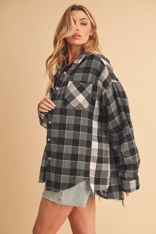 Aemi + Co Frayed Hem Plaid Button Up Flannel Shirt - S. M. & Co.