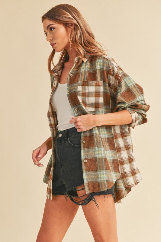 Aemi + Co Frayed Hem Plaid Button Up Flannel Shirt - S. M. & Co.