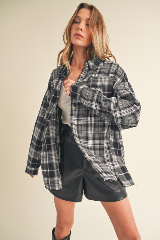 Aemi + Co Frayed Hem Plaid Button Up Flannel Shirt - S. M. & Co.