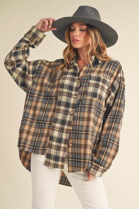 Aemi + Co Frayed Hem Plaid Button Up Flannel Shirt - S. M. & Co.