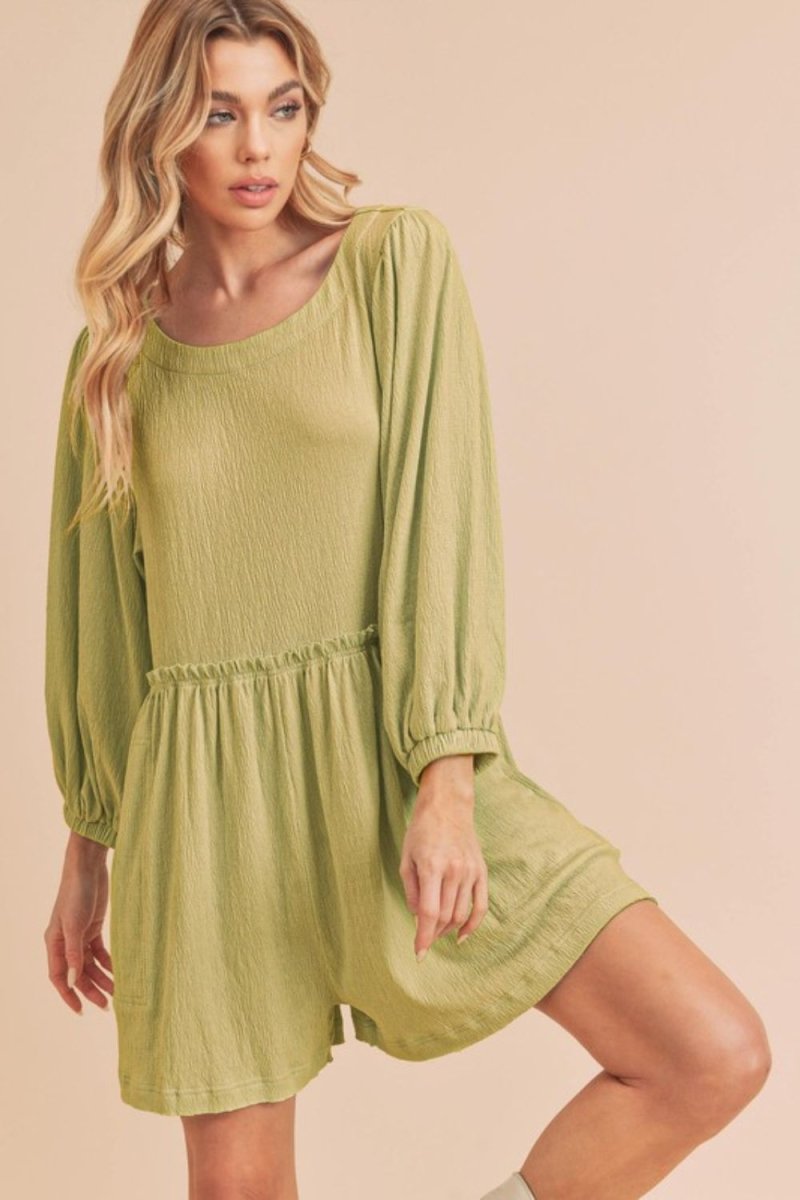 Aemi + Co Frill Round Neck Long Sleeve Romper with Pockets - S. M. & Co.