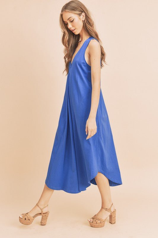 Aemi + Co Front Pleat Detail V - Neck Sleeveless Midi Dress - S. M. & Co.