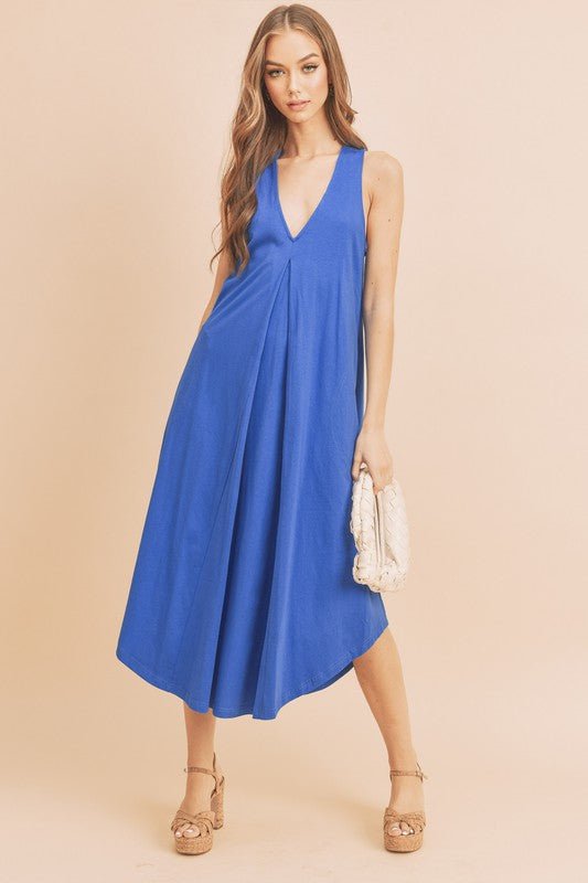 Aemi + Co Front Pleat Detail V - Neck Sleeveless Midi Dress - S. M. & Co.