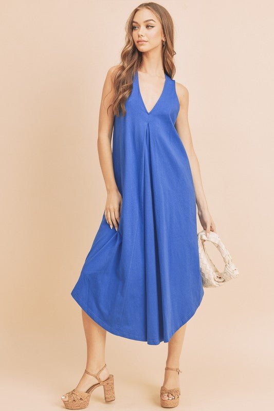 Aemi + Co Front Pleat Detail V - Neck Sleeveless Midi Dress - S. M. & Co.