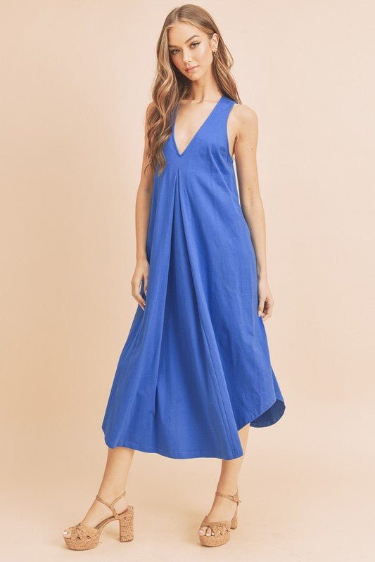 Aemi + Co Front Pleat Detail V - Neck Sleeveless Midi Dress - S. M. & Co.