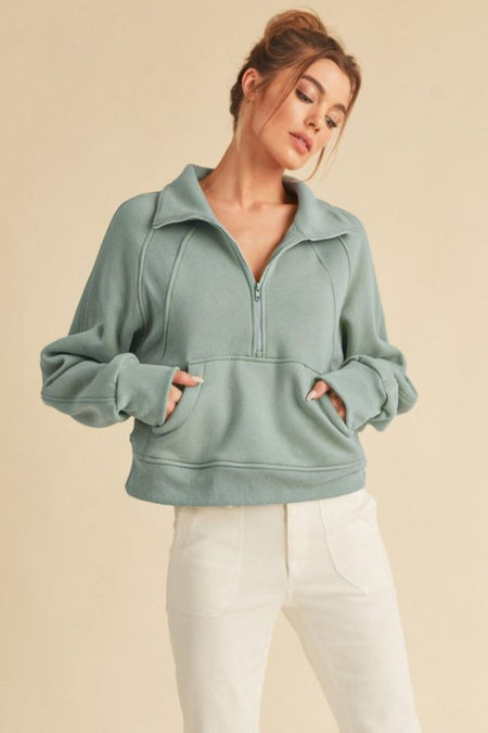 Aemi + Co Half Zip Raglan Sleeve Sweatshirt with Kangaroo Pocket - S. M. & Co.