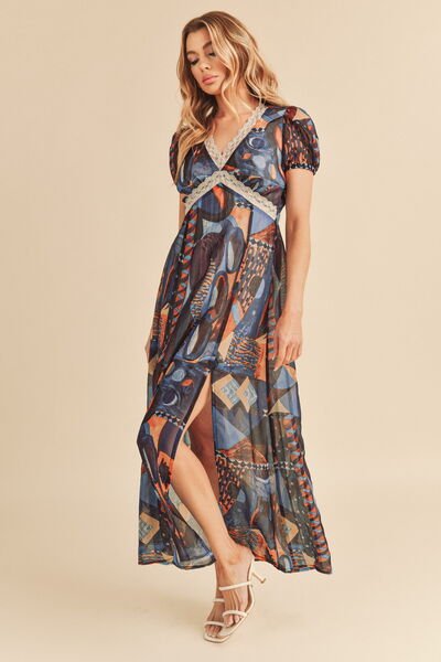 Aemi + Co Lace Detail Slit Geometric Print Short Sleeve Maxi Dress - S. M. & Co.