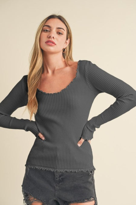 Aemi + Co Lettuce Hem Scoop Neck Long Sleeve Knit Top - S. M. & Co.