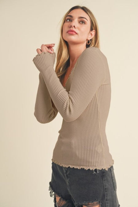 Aemi + Co Lettuce Hem Scoop Neck Long Sleeve Knit Top - S. M. & Co.