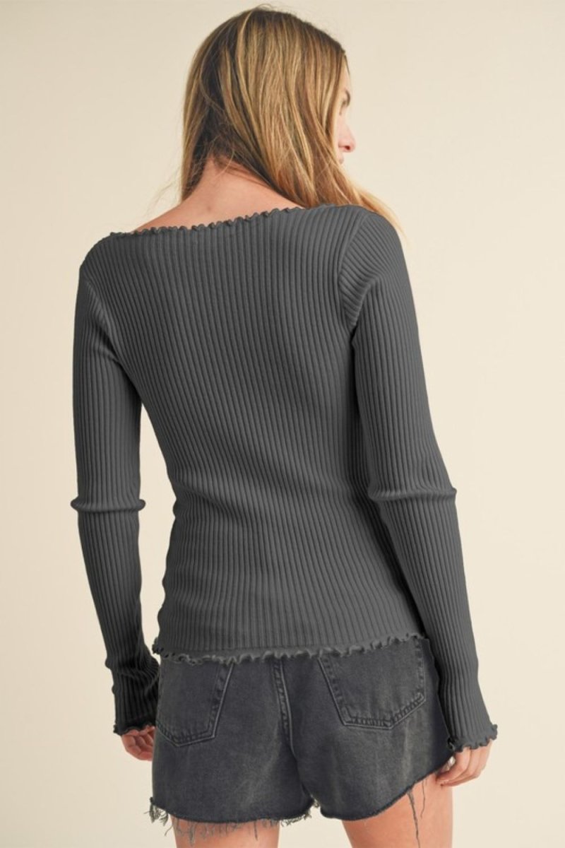 Aemi + Co Lettuce Hem Scoop Neck Long Sleeve Knit Top - S. M. & Co.