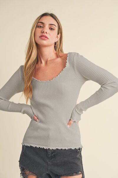 Aemi + Co Lettuce Hem Scoop Neck Long Sleeve Knit Top - S. M. & Co.