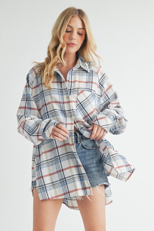 Aemi + Co Plaid Button Up Flannel Shirt with Chest Pocket - S. M. & Co.