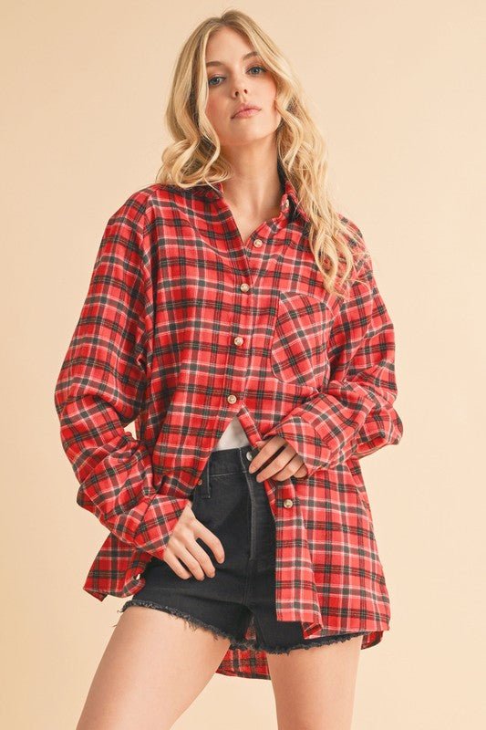 Aemi + Co Plaid Button Up Flannel Shirt with Chest Pocket - S. M. & Co.