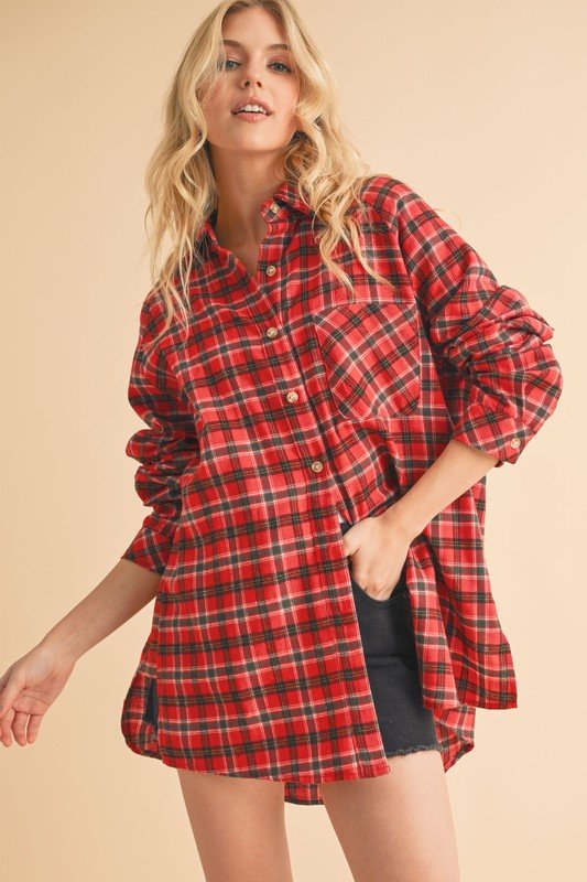 Aemi + Co Plaid Button Up Flannel Shirt with Chest Pocket - S. M. & Co.