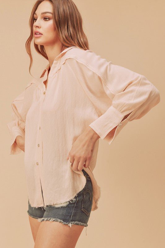 Aemi + Co Raw Hem Button Down Raglan Sleeve Shirt - S. M. & Co.