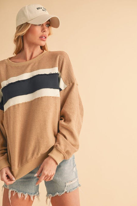 Aemi + Co Raw Hem Contrast Striped Dolman Sleeve Sweatshirt - S. M. & Co.