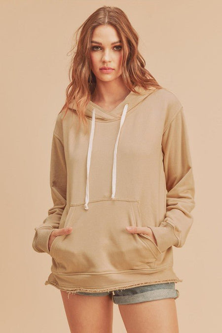 Aemi + Co Raw Hem Kangaroo Pocketed Drawstring Hoodie - S. M. & Co.