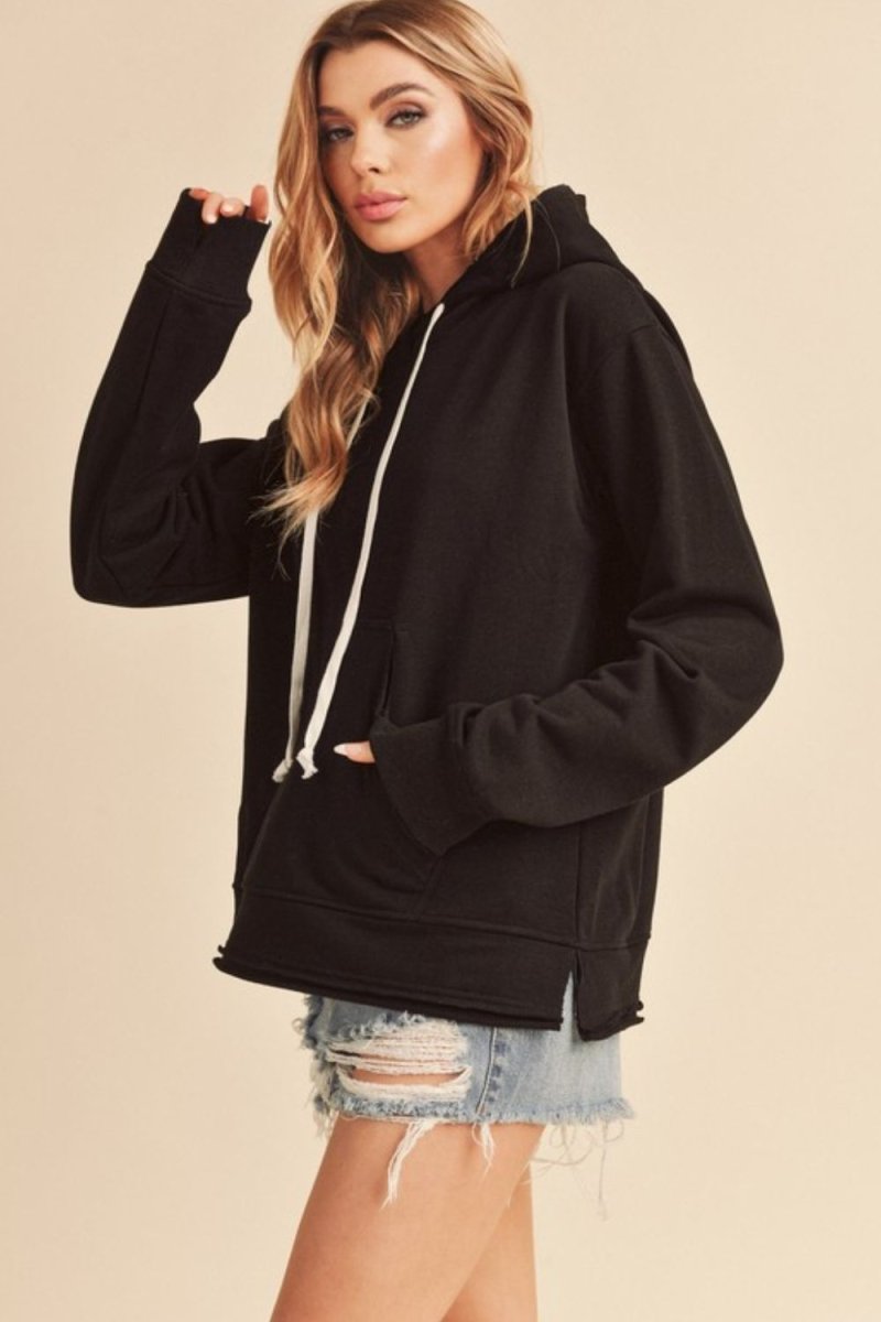 Aemi + Co Raw Hem Kangaroo Pocketed Drawstring Hoodie - S. M. & Co.