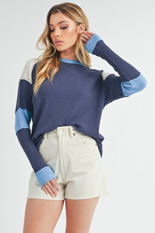 Aemi + Co Raw Seam Color Block Round Neck Knit Top - S. M. & Co.