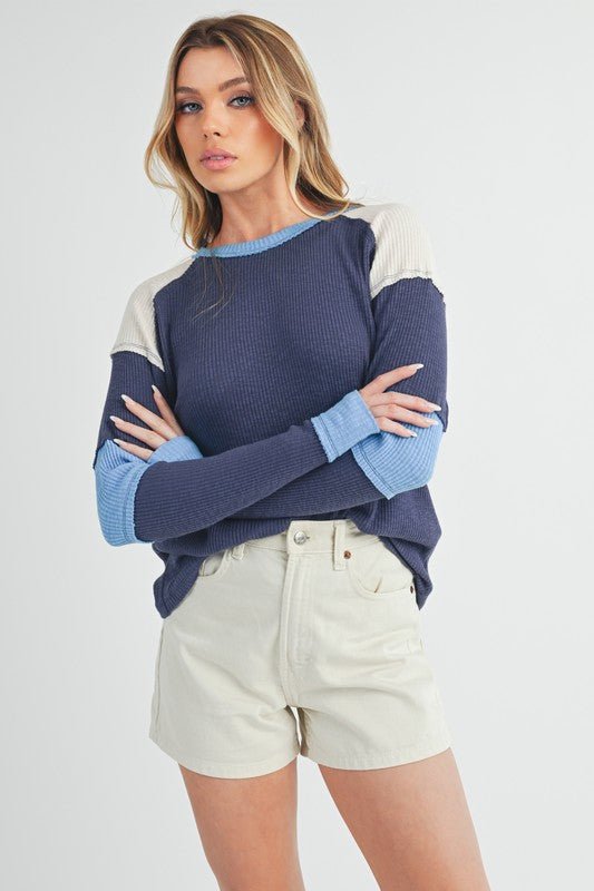 Aemi + Co Raw Seam Color Block Round Neck Knit Top - S. M. & Co.