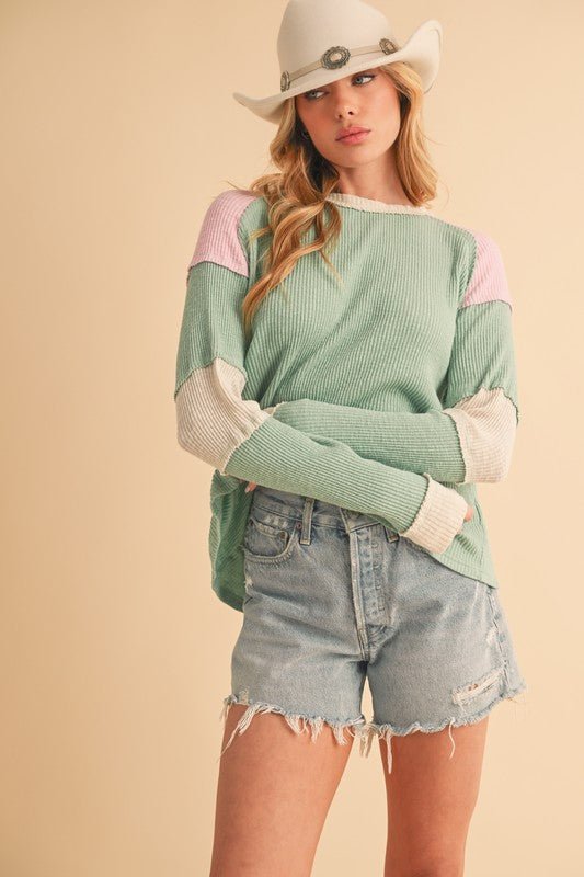 Aemi + Co Raw Seam Color Block Round Neck Knit Top - S. M. & Co.