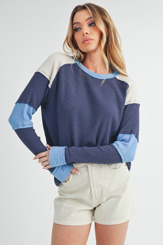 Aemi + Co Raw Seam Color Block Round Neck Knit Top - S. M. & Co.