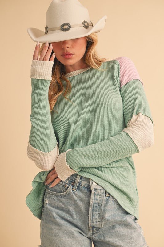 Aemi + Co Raw Seam Color Block Round Neck Knit Top - S. M. & Co.