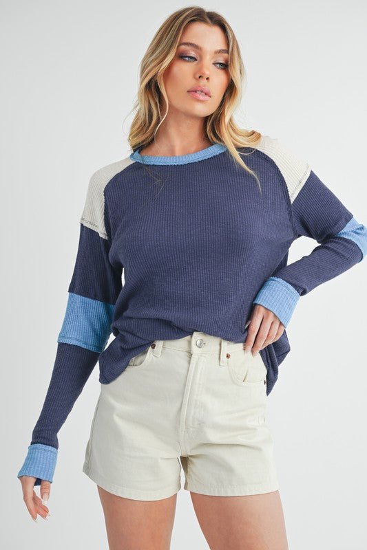 Aemi + Co Raw Seam Color Block Round Neck Knit Top - S. M. & Co.