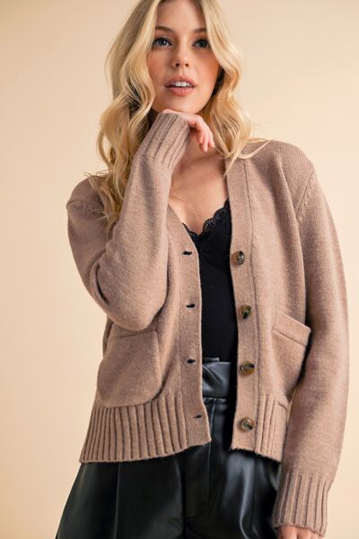 Aemi + Co Ribbed Hem Button Down V - Neck Cardigan - S. M. & Co.