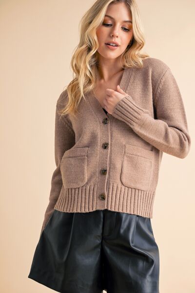 Aemi + Co Ribbed Hem Button Down V - Neck Cardigan - S. M. & Co.