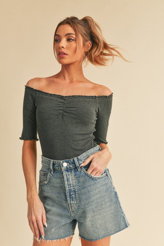 Aemi + Co Ruched Frill Off - Shoulder Half Sleeve Knit Top - S. M. & Co.