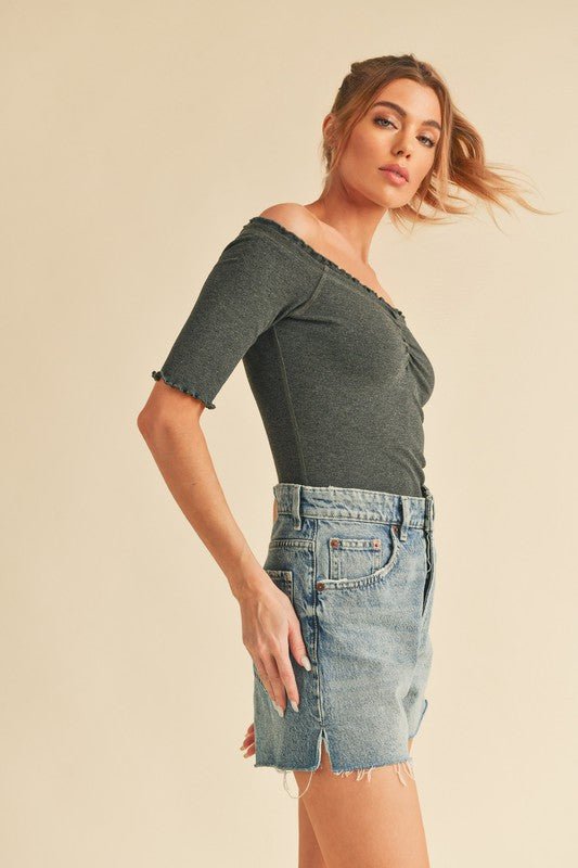 Aemi + Co Ruched Frill Off - Shoulder Half Sleeve Knit Top - S. M. & Co.