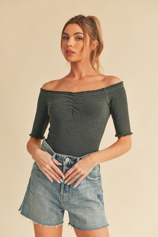 Aemi + Co Ruched Frill Off - Shoulder Half Sleeve Knit Top - S. M. & Co.