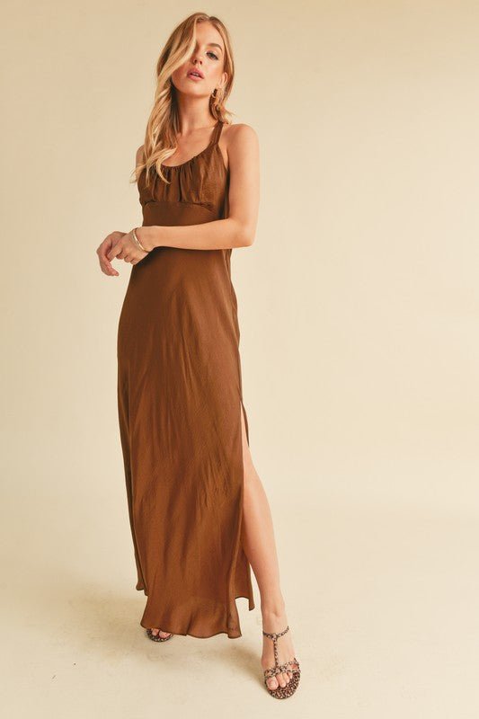 Aemi + Co Ruched Side Slit Cutout Back Maxi Cami Dress - S. M. & Co.