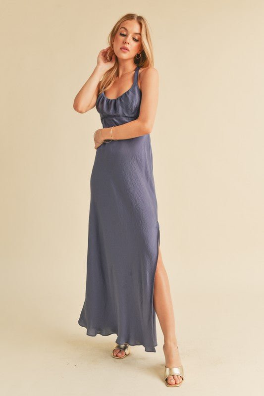 Aemi + Co Ruched Side Slit Cutout Back Maxi Cami Dress - S. M. & Co.