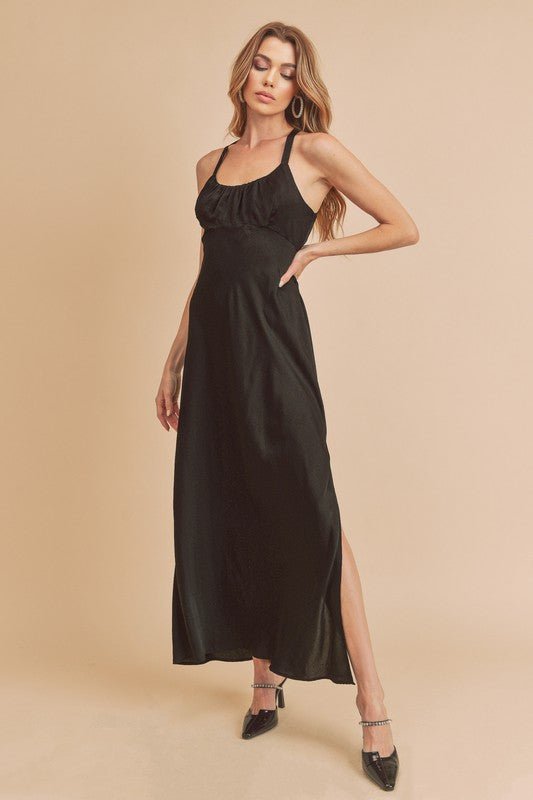 Aemi + Co Ruched Side Slit Cutout Back Maxi Cami Dress - S. M. & Co.